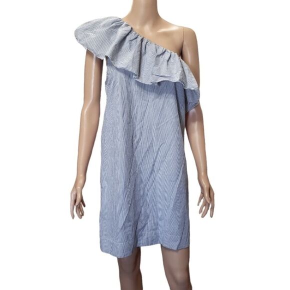 Abercrombie Pinstripe One Shoulder Ruffle Shift Dress MEDIUM - Picture 2 of 14